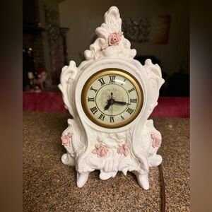Vintage Lanshire Chicago Porcelain Mantel Clock Pink Roses Roman Numerals Works